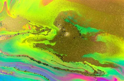 Neon colored marble pattern with golden glitter. Fluorescent liquid background Stock Illustration