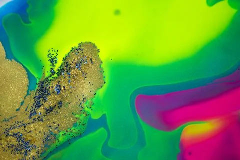 Neon colored marble pattern with golden glitter. Fluorescent liquid background Stock Illustration