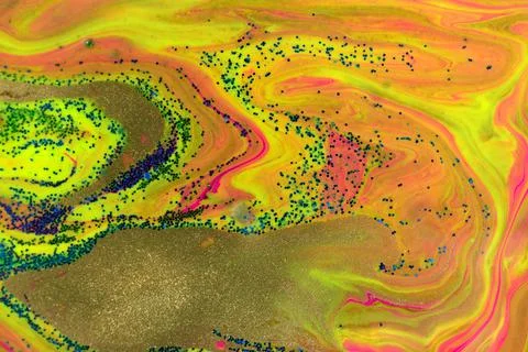 Neon colored marble pattern with golden glitter. Fluorescent liquid background Stock Illustration