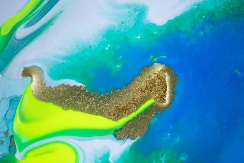 Neon colored marble pattern with golden glitter. Fluorescent liquid background Stock Illustration