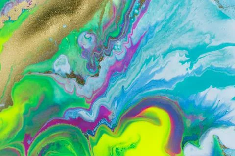 Neon colored marble pattern with golden glitter. Fluorescent liquid background Stock Illustration