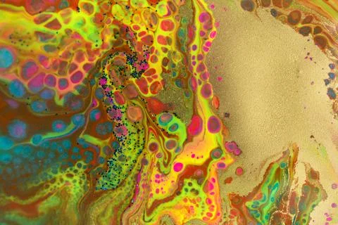 Neon colored marble pattern with golden glitter. Fluorescent liquid background Stock Illustration