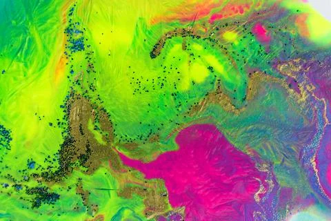 Neon colored marble pattern with golden glitter. Fluorescent liquid background Stock Illustration