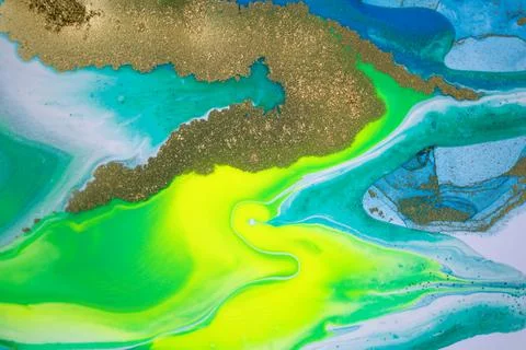 Neon colored marble pattern with golden glitter. Fluorescent liquid background Stock Illustration