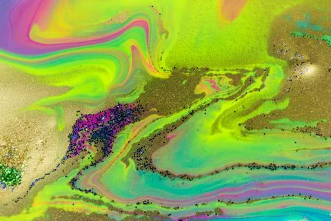 Neon colored marble pattern with golden glitter. Fluorescent liquid background Stock Illustration