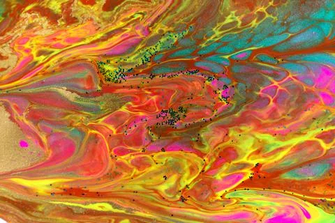 Neon colored marble pattern with golden glitter. Fluorescent liquid background Stock Illustration