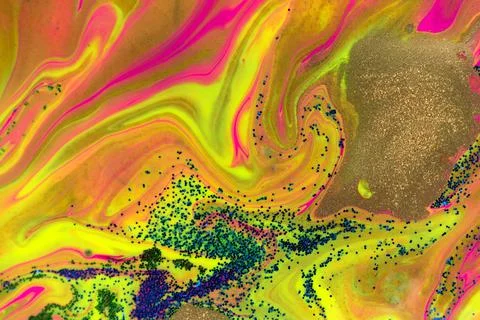 Neon colored marble pattern with golden glitter. Fluorescent liquid background Stock Illustration