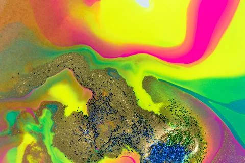 Neon colored marble pattern with golden glitter. Fluorescent liquid background Stock Illustration