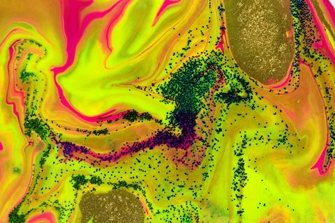 Neon colored marble pattern with golden glitter. Fluorescent liquid background Stock Illustration