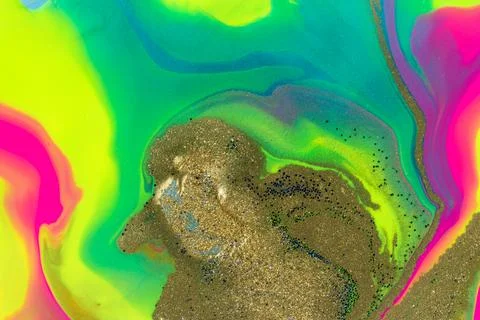 Neon colored marble pattern with golden glitter. Fluorescent liquid background Illustrazione stock