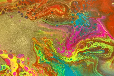 Neon colored marble pattern with golden glitter. Fluorescent liquid background Stock Illustration