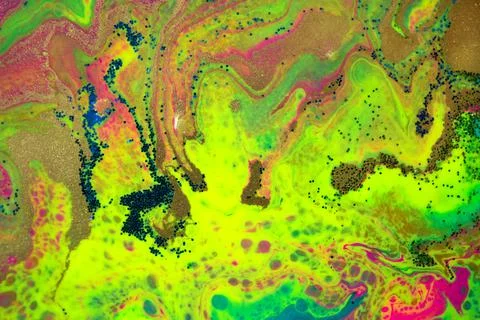 Neon colored marble pattern with golden glitter. Fluorescent liquid background Stock Illustration