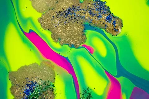 Neon colored marble pattern with golden glitter. Fluorescent liquid background Stock Illustration