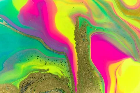 Neon colored marble pattern with golden glitter. Fluorescent liquid background Stock Illustration