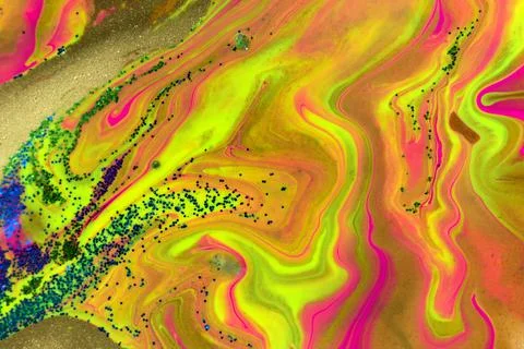 Neon colored marble pattern with golden glitter. Fluorescent liquid background Stock Illustration