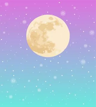 Neon colored sky with full moon and falling snow Stock Illustration