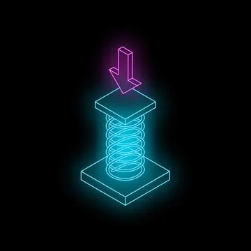 Neon colored spring being compressed by a pink arrow on a black background Stock Illustration