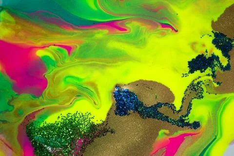 Neon colored wave marble pattern with gold, blue and green glitter. Stock Stock Illustration