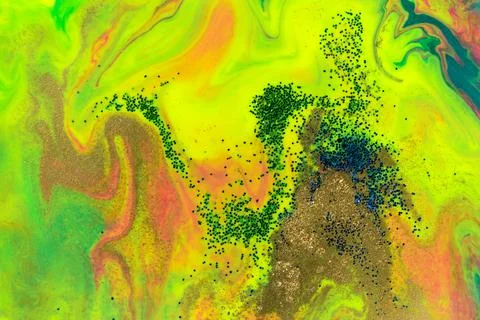 Neon colored wave marble pattern with gold, blue and green glitter. Stock Illustrazione stock