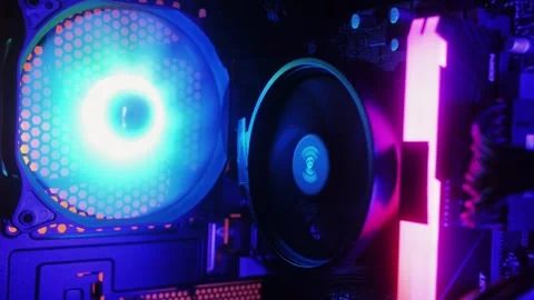 Neon colorful pc processor cooler rotating close-up. Neon system unit, computer Stock Footage 270009977