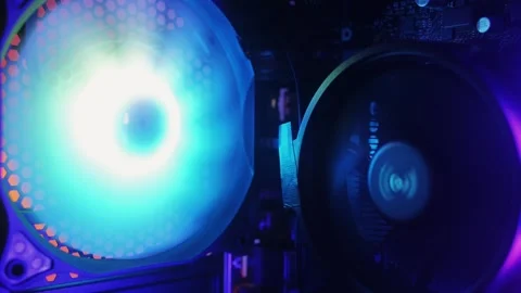 Neon colorful pc processor cooler rotating close-up. Neon system unit, computer Stock Footage 270097888