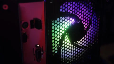Neon colorful pc processor cooler rotating close-up. Neon system unit, computer Stock Footage 270099309