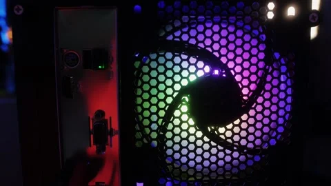 Neon colorful pc processor cooler rotating close-up. Neon system unit, computer Stock Footage 272478272