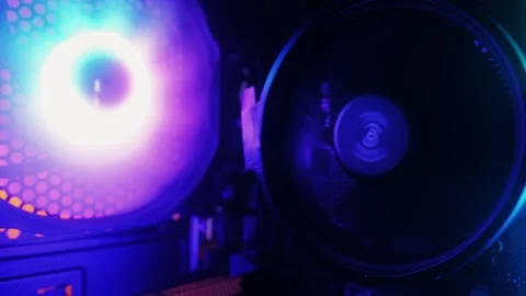 Neon colorful pc processor cooler rotating close-up. Neon system unit, computer Stock Footage 278536275
