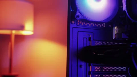 Neon colorful pc processor rotating close-up. Modern personal gaming computer Stock Footage 273344029
