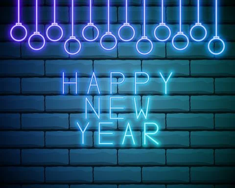 Neon colors on a brick wall background Happy New Year 2021 vector template de Stock Illustration