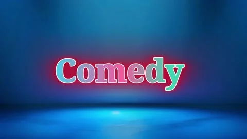 Neon comedy text glowing on dark blue stage background for entertainment show Vídeos de archivo 345128998