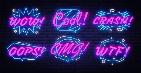 Neon comic speech bubbles set with different emotions and text Wow, Cool, Crash Stock Illustration