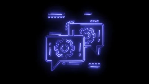 Neon communication bubbles with gear symbol on black background representing Stock Footage 322989834