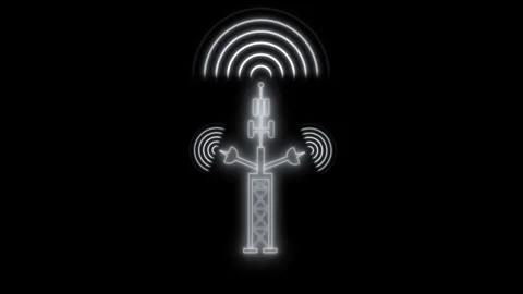 Neon Communication Tower with Signal Waves, Signal Waves Emitting from Antenn Stock Footage 313755533