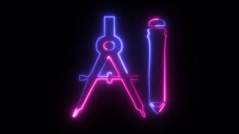 Neon Compas and pencil neon sign and icon. 3D illustration of Compas and pe.. Stock Illustration