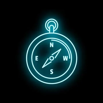 Neon compass glowing on black background for navigation Stock Illustration