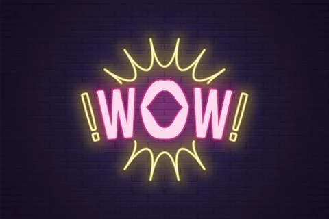 Neon composition of Wow phrase. Vector art Stock Illustration