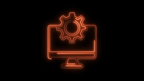 Neon computer and gear icon glowing animation for software and technology c.. Stock Footage 316842565
