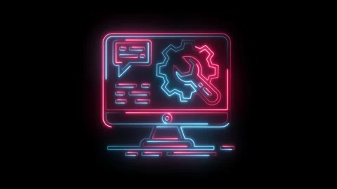 Neon computer with chat bubble gear and wrench represents technical support and Stock Footage 322989735