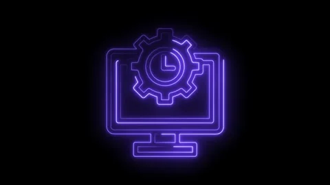Neon computer clock gear animation processing time icon glow on black background Stock Footage 322964004