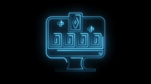 Neon computer display with blockchain mining symbols and cryptocurrency ind.. Stock Footage 330780776
