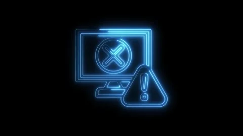 Neon computer display with error message and warning sign animation on black Stock Footage 312317460