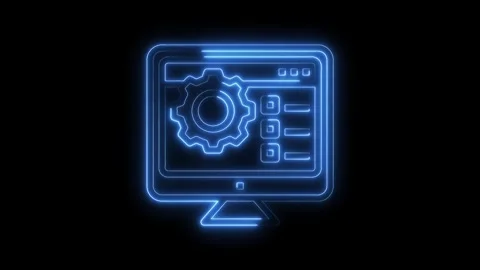 Neon computer display with gear icon animation for tech and development concepts Stock Footage 322971032