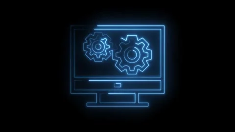 Neon computer display with gears rotating concept for technical support and Video stock 322961109