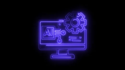 Neon computer displaying artificial intelligence with a gear on a black bac.. Stock Footage 308605930