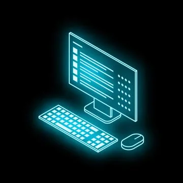 Neon computer displaying code on black background Stock Illustration