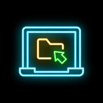 Neon computer displaying folder icon with mouse clicking on it Stock Illustration