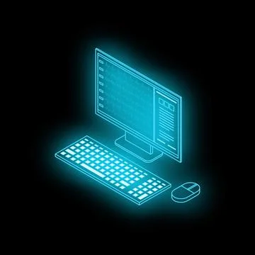 Neon computer displaying graphs and charts on black background Stock Illustration