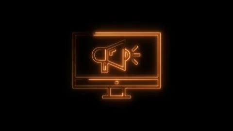 Neon computer displaying megaphone icon for marketing promotions and online.. Stock Footage 312448069