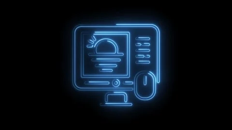 Neon computer displaying sunrise with mouse on black background glowing ani.. Stock Footage 345996862